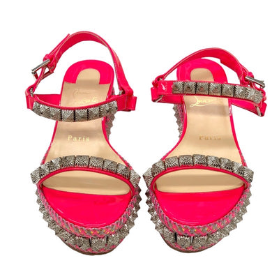 Christian Louboutin Pilariad Sandals Shoes Patent Pink Silver Wedge Sole Studs