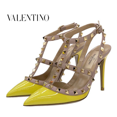 ヴァレンティノ VALENTINO パンプス 靴 シューズ パテント レザー イエロー ピンクベージュ ゴールド 未使用 サンダル ロックスタッズ