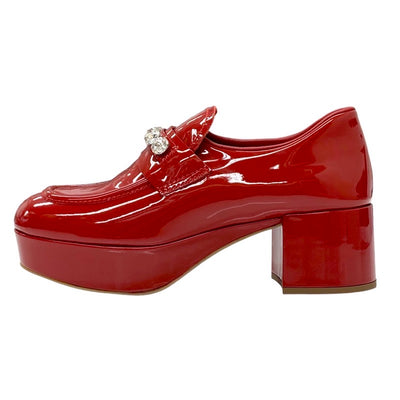 MIUMIU loafers, leather shoes, shoes, patent, red, unused, heel loafers, pumps, bijou