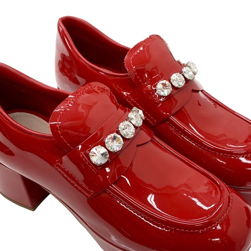 MIUMIU loafers, leather shoes, shoes, patent, red, unused, heel loafers, pumps, bijou