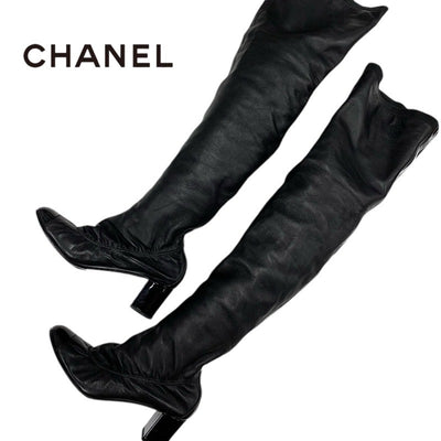 Chanel CHANEL boots, long boots, shoes, leather, patent, black, knee-high boots, Cocomark