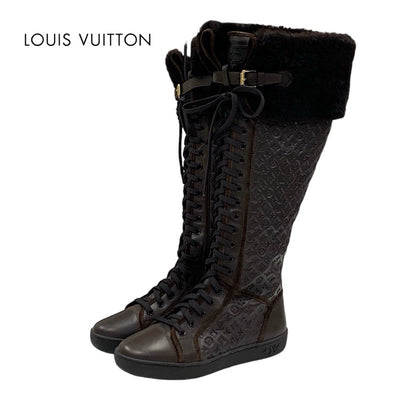 Louis Vuitton Monogram Boots Long Boots Shoes Leather Mouton Brown Lace-up Mouton Boots