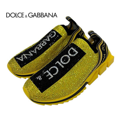 Dolce & Gabbana Sorrento Sneakers Shoes Fabric Yellow Black Rhinestone Logo Knit Men's