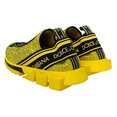 Dolce & Gabbana Sorrento Sneakers Shoes Fabric Yellow Black Rhinestone Logo Knit Men's