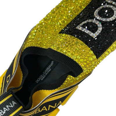 Dolce & Gabbana Sorrento Sneakers Shoes Fabric Yellow Black Rhinestone Logo Knit Men's