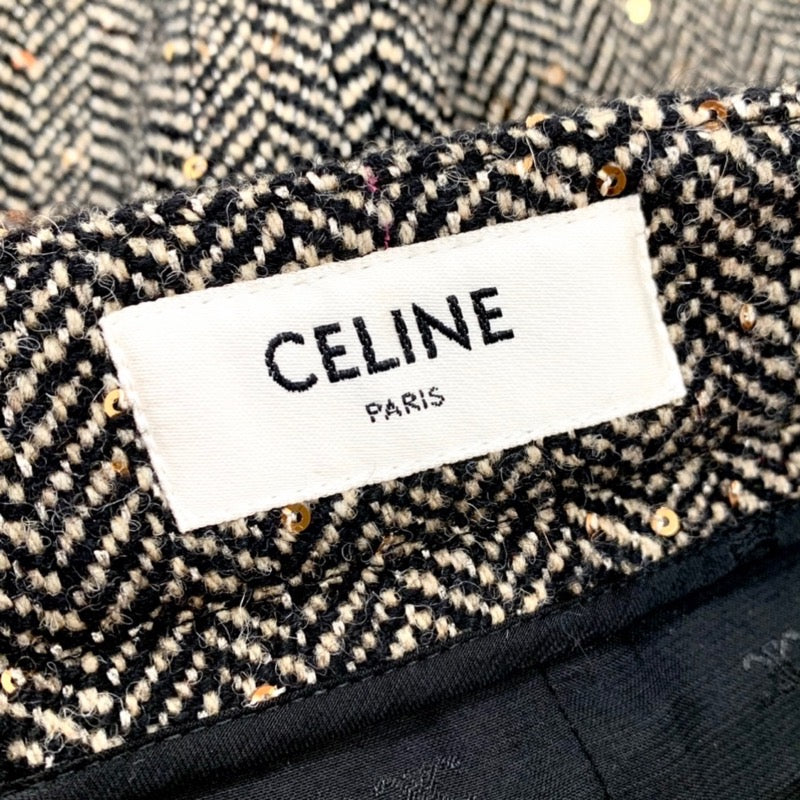 セリーヌ CELINE ボトムス ウール ブラック ゴールド 未使用 ボックスプリーツスカート ヘリンボーンツイード スパンコール