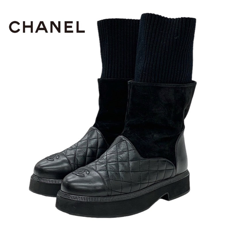 シャネル CHANEL ブーツ ショートブーツ 靴 シューズ レザー スエード ファブリック ブラック ソックスブーツ ココマーク マトラッセ ニット