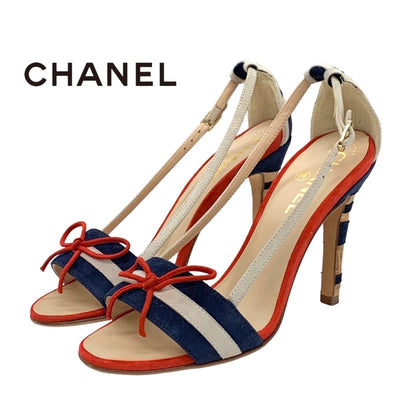 Chanel Sandals, Shoes, Suede, Navy, White, Red, Coco Mark, Ribbon, Strap