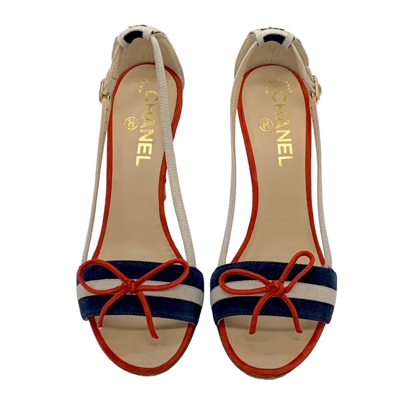 Chanel Sandals, Shoes, Suede, Navy, White, Red, Coco Mark, Ribbon, Strap