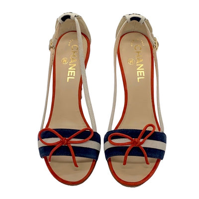 Chanel Sandals, Shoes, Suede, Navy, White, Red, Coco Mark, Ribbon, Strap