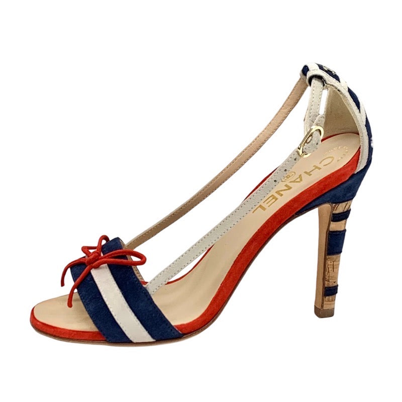 Chanel Sandals, Shoes, Suede, Navy, White, Red, Coco Mark, Ribbon, Strap