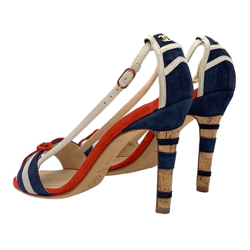 Chanel Sandals, Shoes, Suede, Navy, White, Red, Coco Mark, Ribbon, Strap