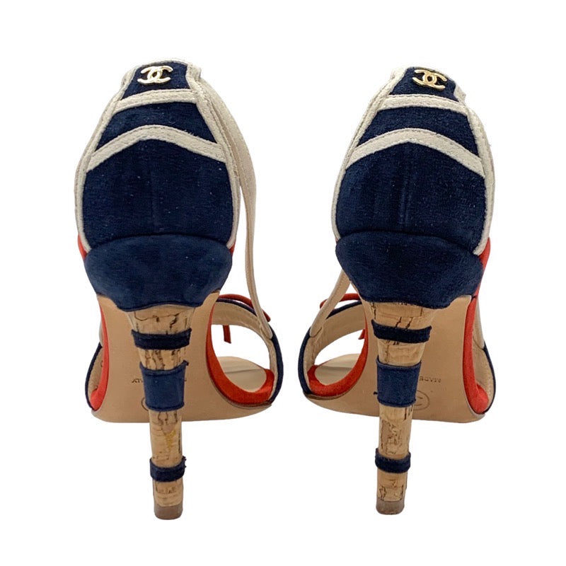 Chanel Sandals, Shoes, Suede, Navy, White, Red, Coco Mark, Ribbon, Strap