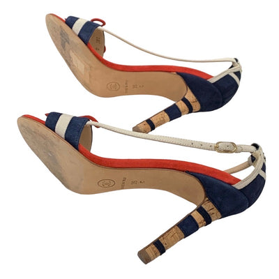 Chanel Sandals, Shoes, Suede, Navy, White, Red, Coco Mark, Ribbon, Strap