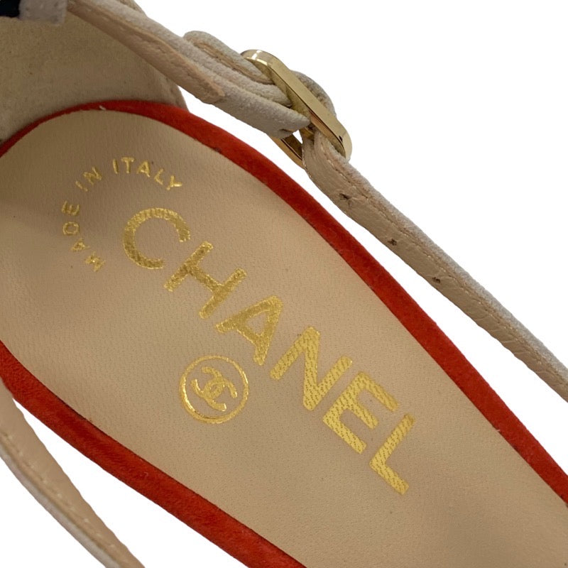 Chanel Sandals, Shoes, Suede, Navy, White, Red, Coco Mark, Ribbon, Strap