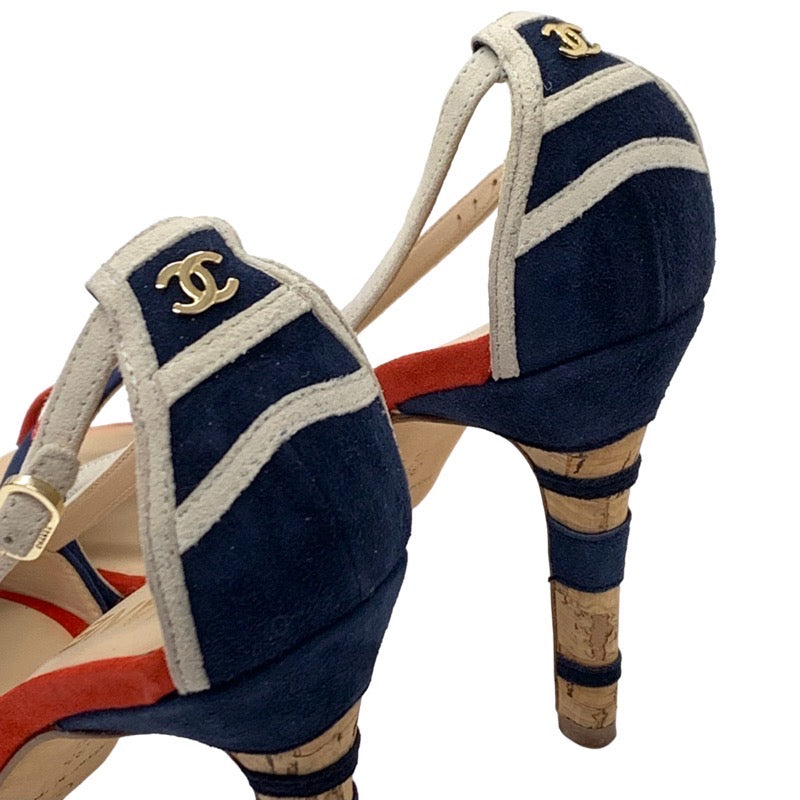 Chanel Sandals, Shoes, Suede, Navy, White, Red, Coco Mark, Ribbon, Strap