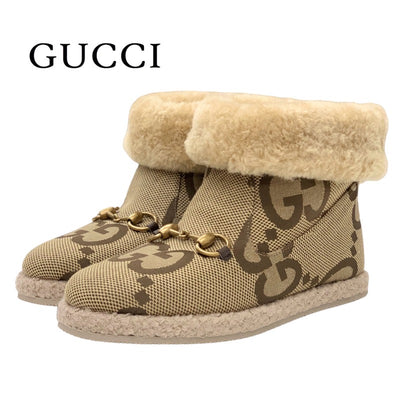 未使用 グッチ GUCCI ブーツ ショートブーツ ムートンブーツ 靴 シューズ ホースビット GG柄 ファブリック ベージュ