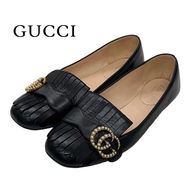 グッチ GUCCI パンプス フラットシューズ フラットパンプス ダブルG GGマーモント フリンジ パール レザー ブラック