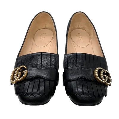 グッチ GUCCI パンプス フラットシューズ フラットパンプス ダブルG GGマーモント フリンジ パール レザー ブラック