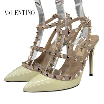 Valentino Pumps Shoes Patent Ivory Pink Beige Gold Sandals Rock Studs Back Strap