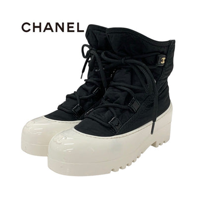 Chanel CHANEL boots, short boots, shoes, nylon, patent, black, white, coco mark, lace up