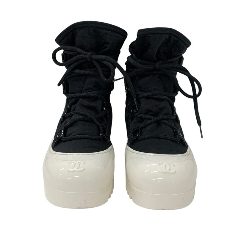 Chanel CHANEL boots, short boots, shoes, nylon, patent, black, white, coco mark, lace up