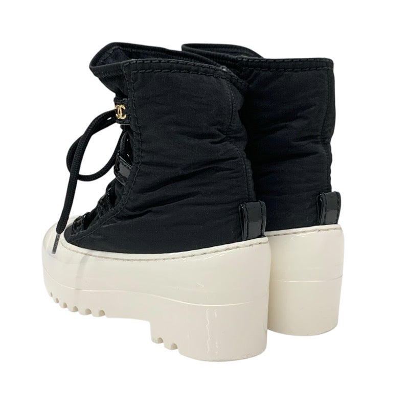 Chanel CHANEL boots, short boots, shoes, nylon, patent, black, white, coco mark, lace up