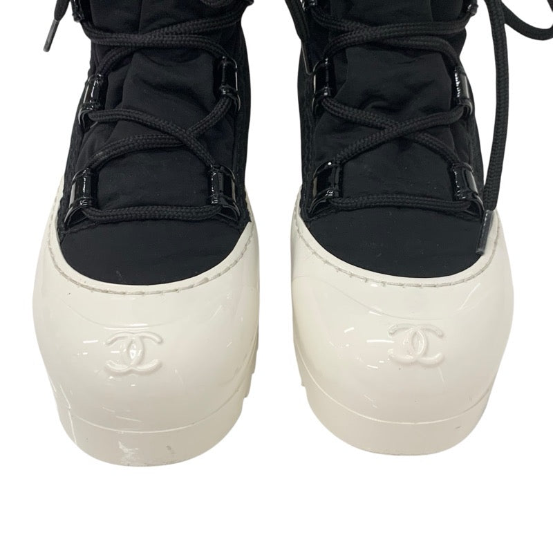 Chanel CHANEL boots, short boots, shoes, nylon, patent, black, white, coco mark, lace up