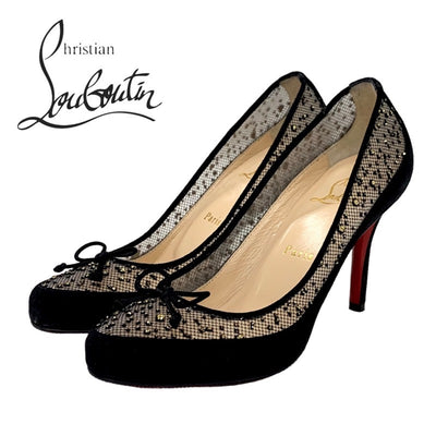 クリスチャンルブタン Christian Louboutin パンプス 靴 シューズ グリッター リボン メッシュ スエード ブラック 黒