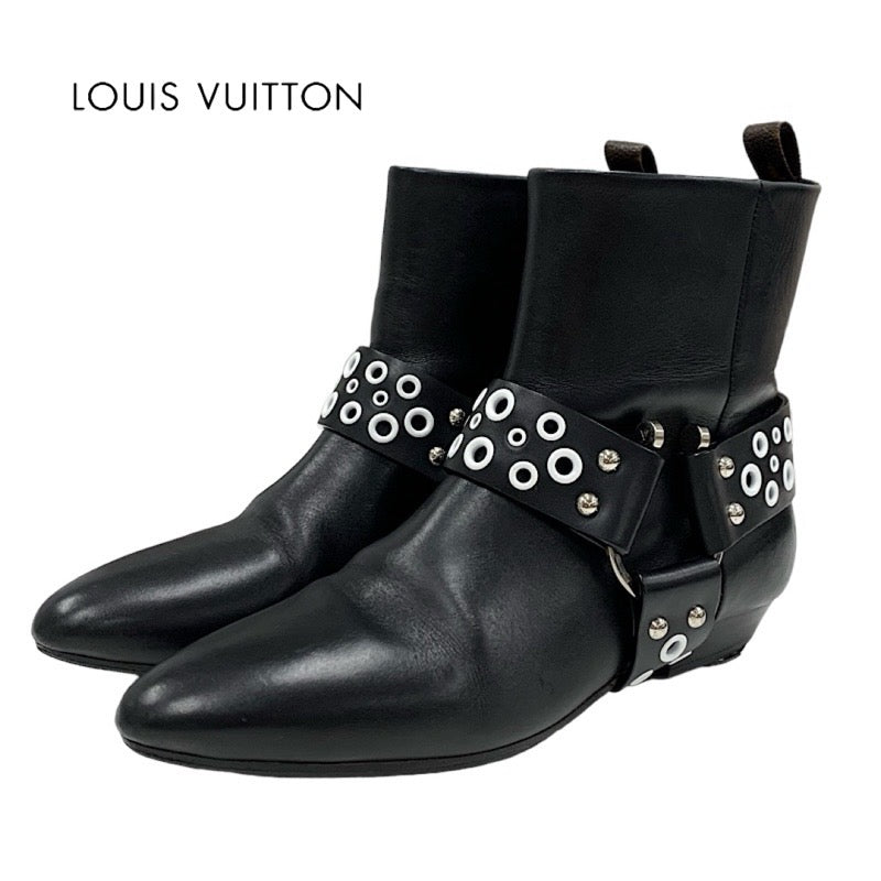 LOUIS VUITTON Rhapsody Line Boots Short Boots Shoes Leather Black White Hole Ankle Boots Belt