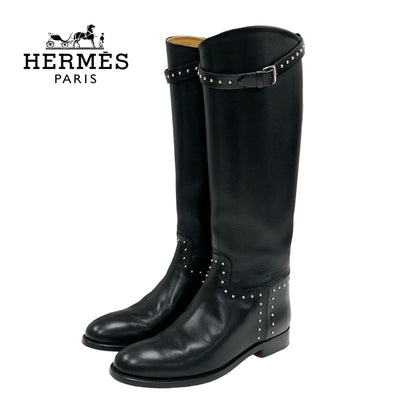 Hermes Jumping Boots Long Boots Shoes Leather Black Silver Studs