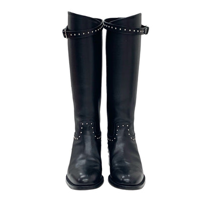 Hermes Jumping Boots Long Boots Shoes Leather Black Silver Studs