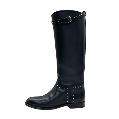 Hermes Jumping Boots Long Boots Shoes Leather Black Silver Studs