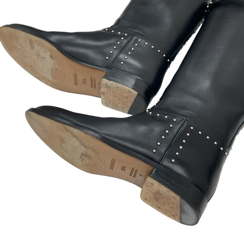 Hermes Jumping Boots Long Boots Shoes Leather Black Silver Studs