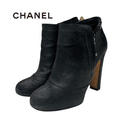 Chanel CHANEL boots, short boots, shoes, leather, black, coco mark, chain