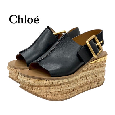 Chloe Sandals, Shoes, Leather, Cork, Black, Black, Gold, Slingback, Thick Sole, Platform