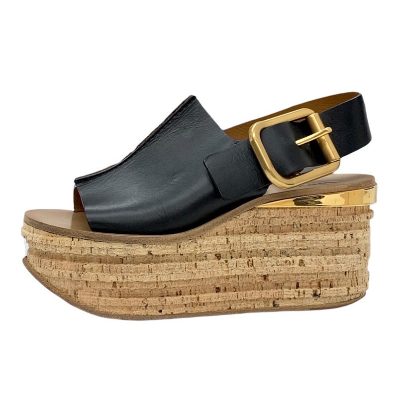 Chloe Sandals, Shoes, Leather, Cork, Black, Black, Gold, Slingback, Thick Sole, Platform