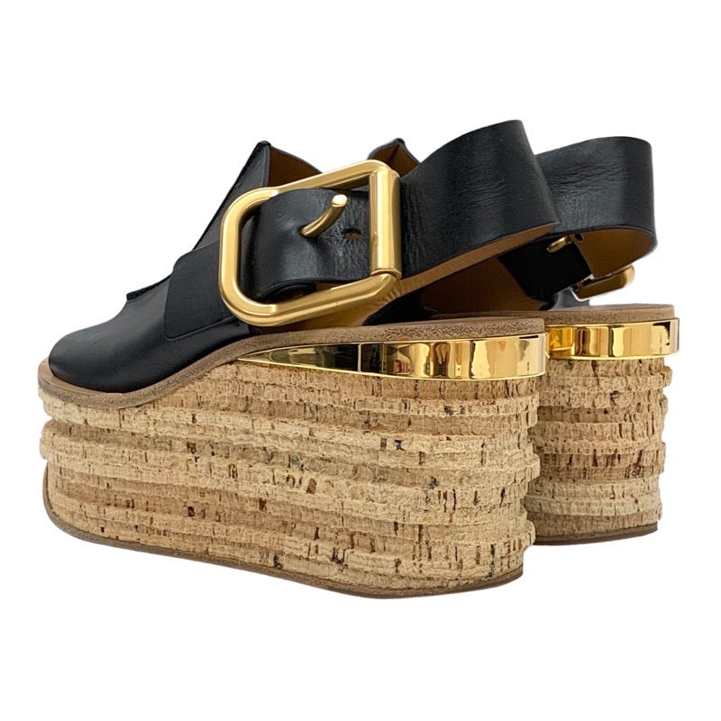 Chloe Sandals, Shoes, Leather, Cork, Black, Black, Gold, Slingback, Thick Sole, Platform