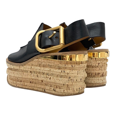 Chloe Sandals, Shoes, Leather, Cork, Black, Black, Gold, Slingback, Thick Sole, Platform