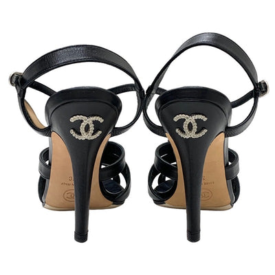 Chanel Sandals, Shoes, Leather, Black, Coco Mark, Rhinestone