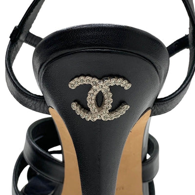 Chanel Sandals, Shoes, Leather, Black, Coco Mark, Rhinestone