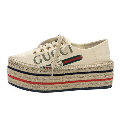 グッチ GUCCI スニーカー 靴 シューズ キャンバス アイボリー レッド ブルー 未使用 ロゴ エスパドリーユ プラットフォーム 厚底