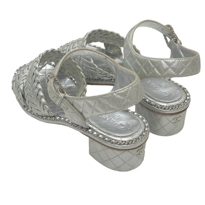 Chanel Sandals, Shoes, Leather, Silver, Coco Mark Matelasse Chain, Braided