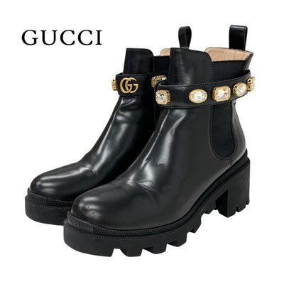 Gucci Boots, Short Boots, Shoes, Leather, Black, Gold, Bijou, Side Gore, Belt