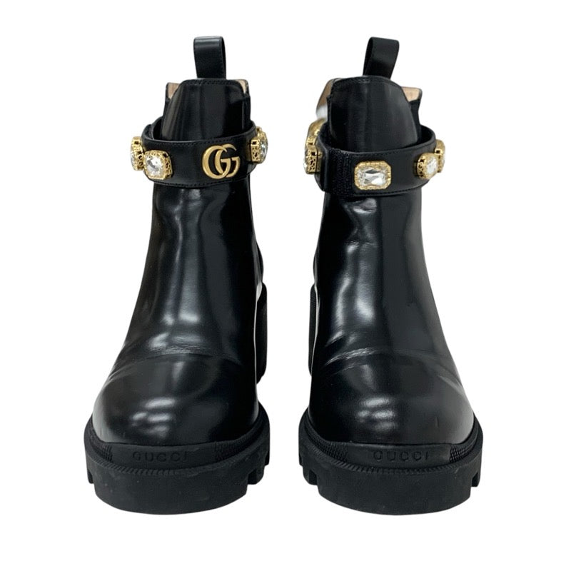 Gucci Boots, Short Boots, Shoes, Leather, Black, Gold, Bijou, Side Gore, Belt