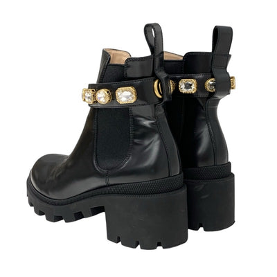 Gucci Boots, Short Boots, Shoes, Leather, Black, Gold, Bijou, Side Gore, Belt