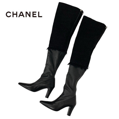 Chanel CHANEL boots, long boots, shoes, tweed, leather, black, coco mark, thigh high boots, knee high boots