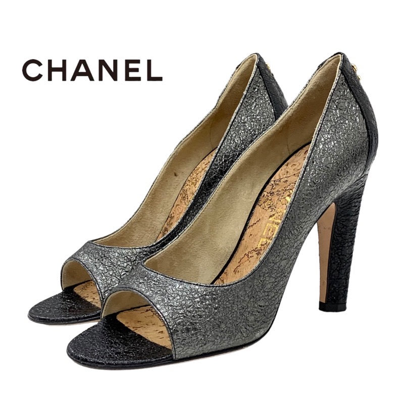 Chanel CHANEL Pumps Shoes Leather Cork Grey Black Coco Mark Metallic