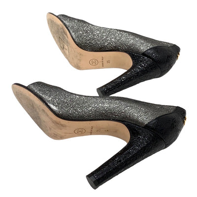 Chanel CHANEL Pumps Shoes Leather Cork Grey Black Coco Mark Metallic