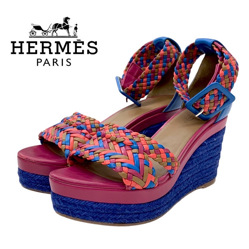 Hermes Ines Sandals Shoes Leather Blue Pink Multicolor Wedge Sole Braided Espadrilles